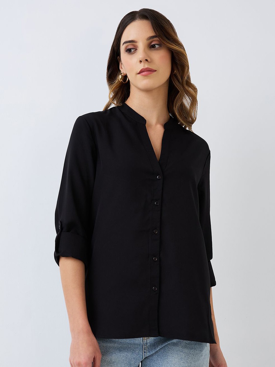 

HERE&NOW Women Mandarin Collar Roll-Up Sleeves Shirt Style Top, Black