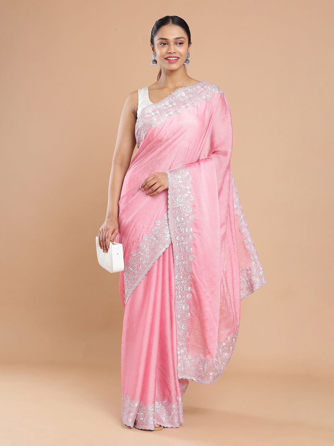 

Kalyan Silks Beads and Stones Organza Saree With Embroidery Scalloped Border, Pink