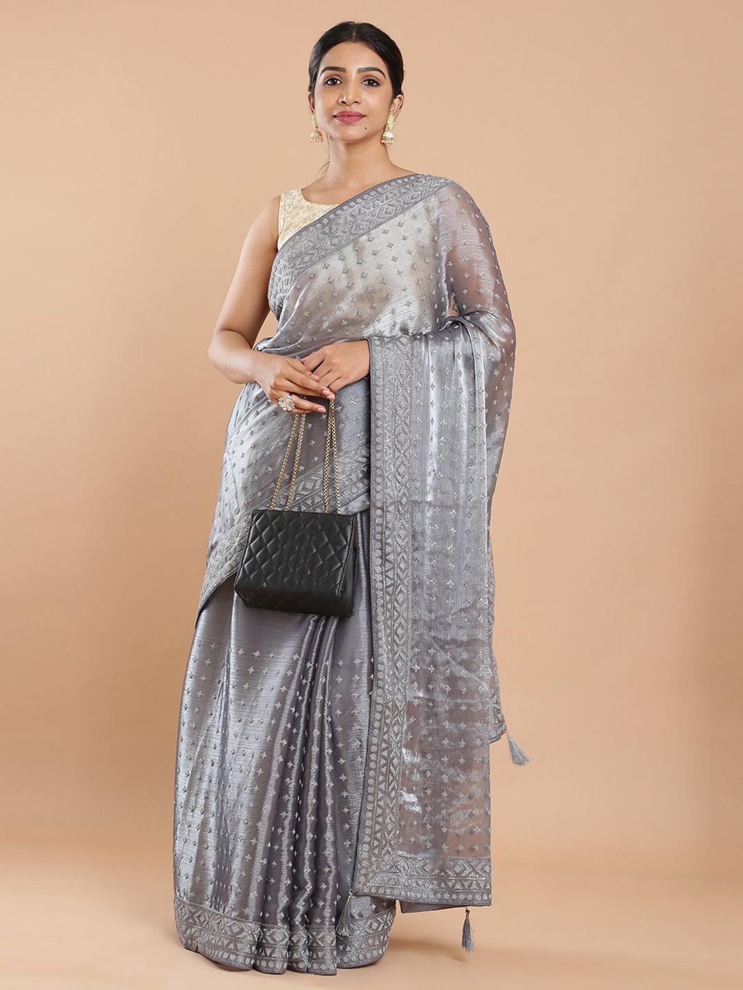 

Kalyan Silks Embellished Beads and Stones Jimmy Choo Saree, Grey