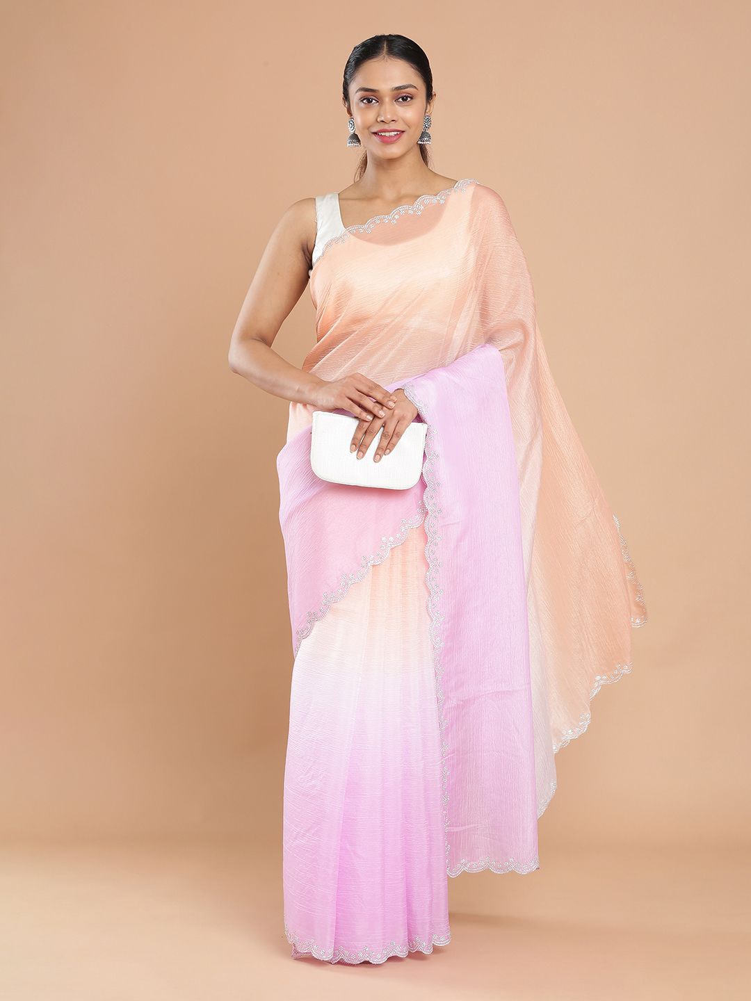 

Kalyan Silks Embellished Beads and Stones Organza Saree, Pink
