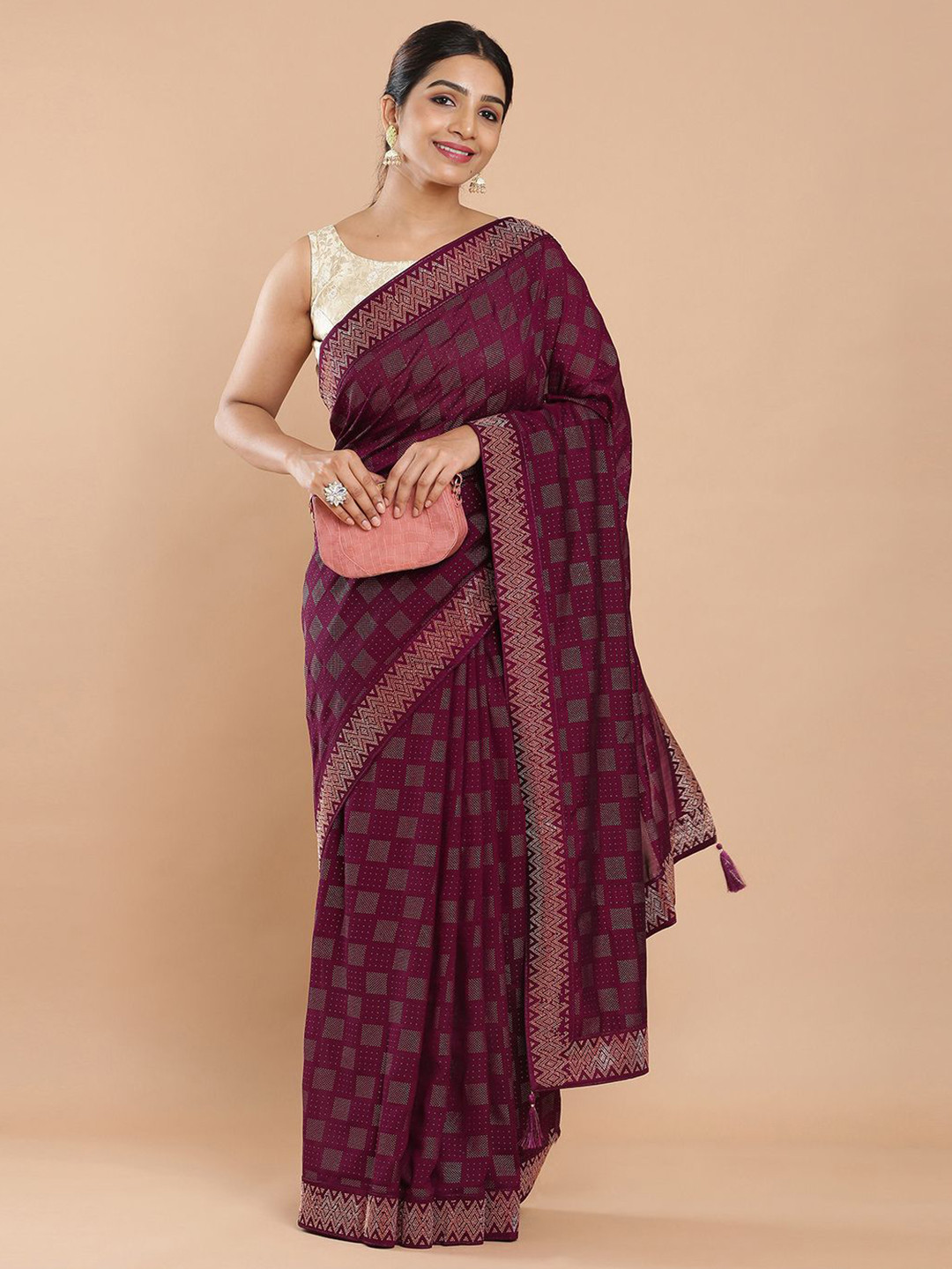 

Kalyan Silks Embellished Beads and Stones Saree, Red