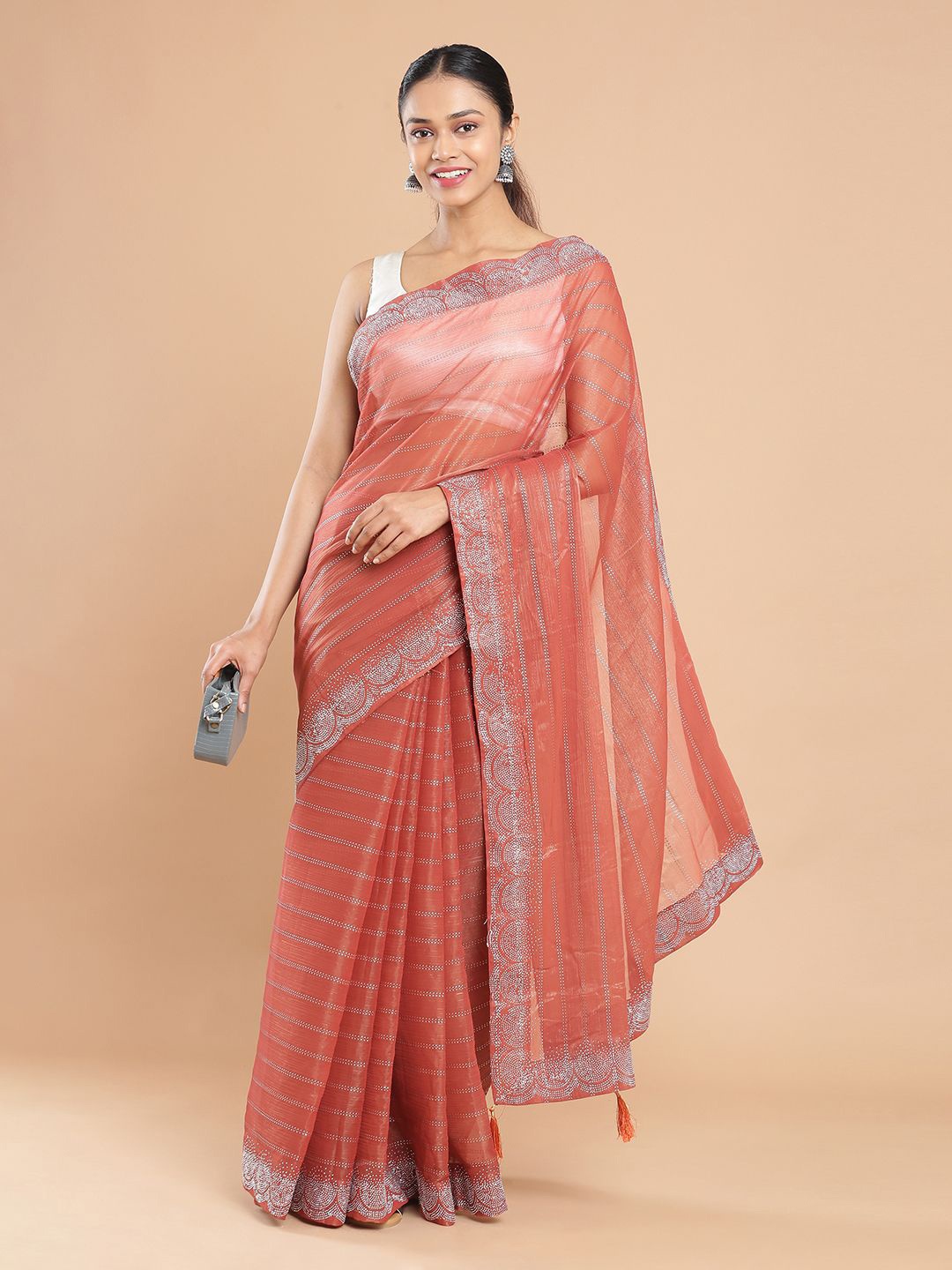 

Kalyan Silks Embellished Beads and Stones Saree With Metalic Glitter Glue, Red