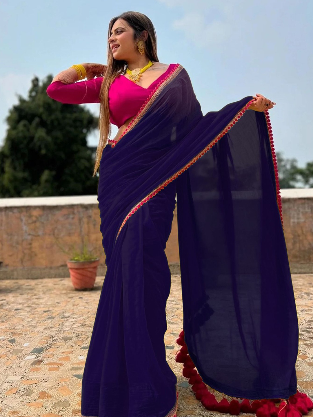 SWADESI STUFF Pure Georgette Saree, Navy blue