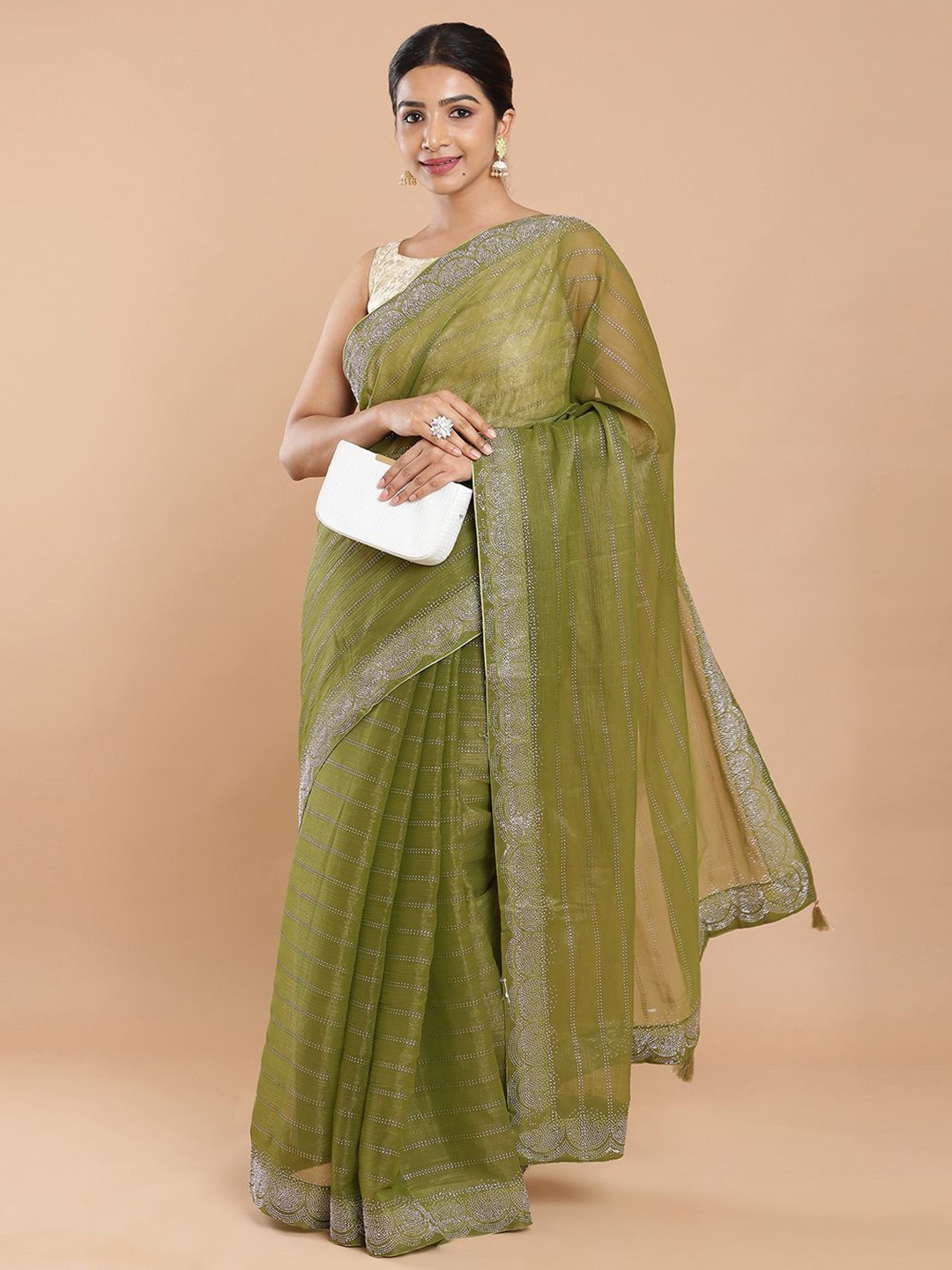 

Kalyan Silks Embellished Beads and Stones Saree, Olive