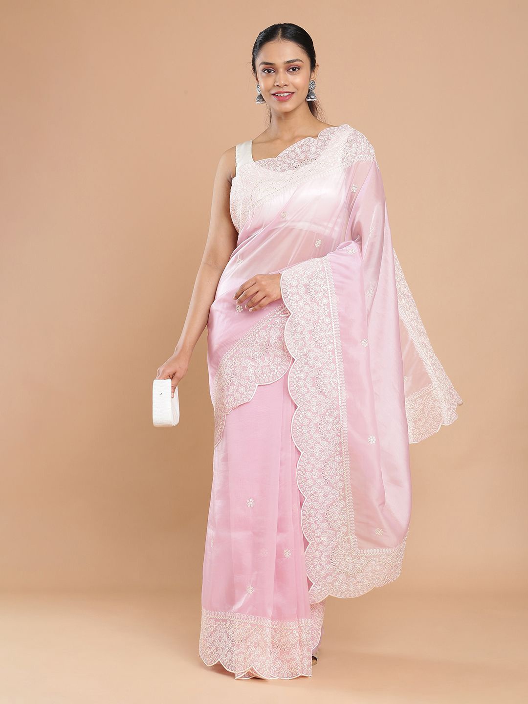 

Kalyan Silks Floral Embroidered Organza Saree, Pink