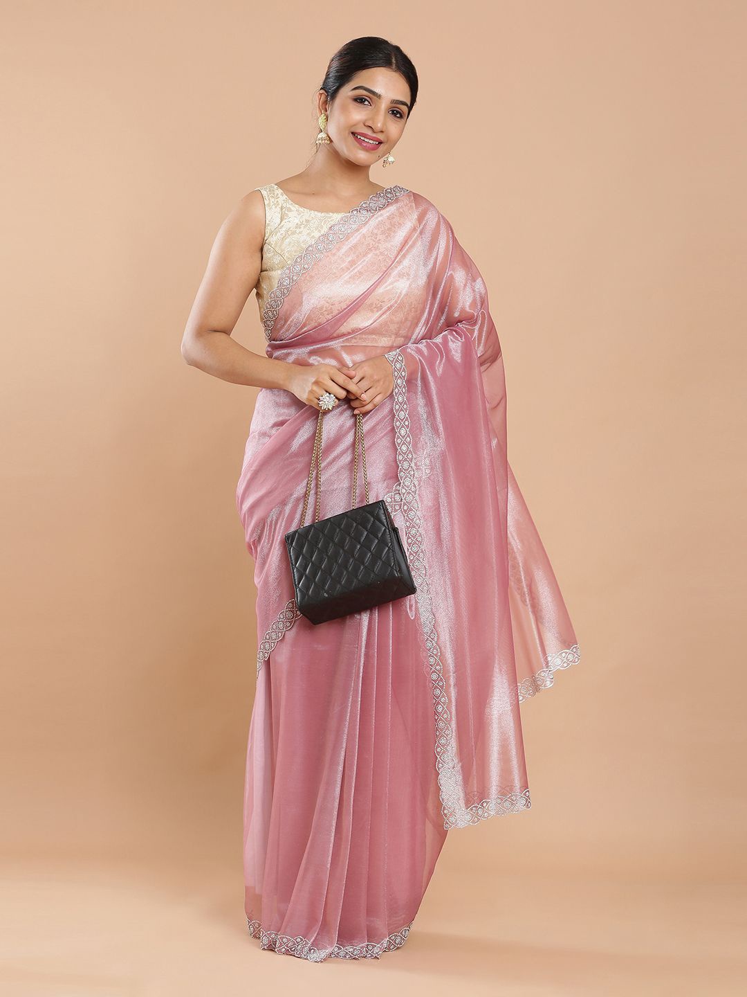 

Kalyan Silks Embellished Beads and Stones Net Designer Party Saree, Pink