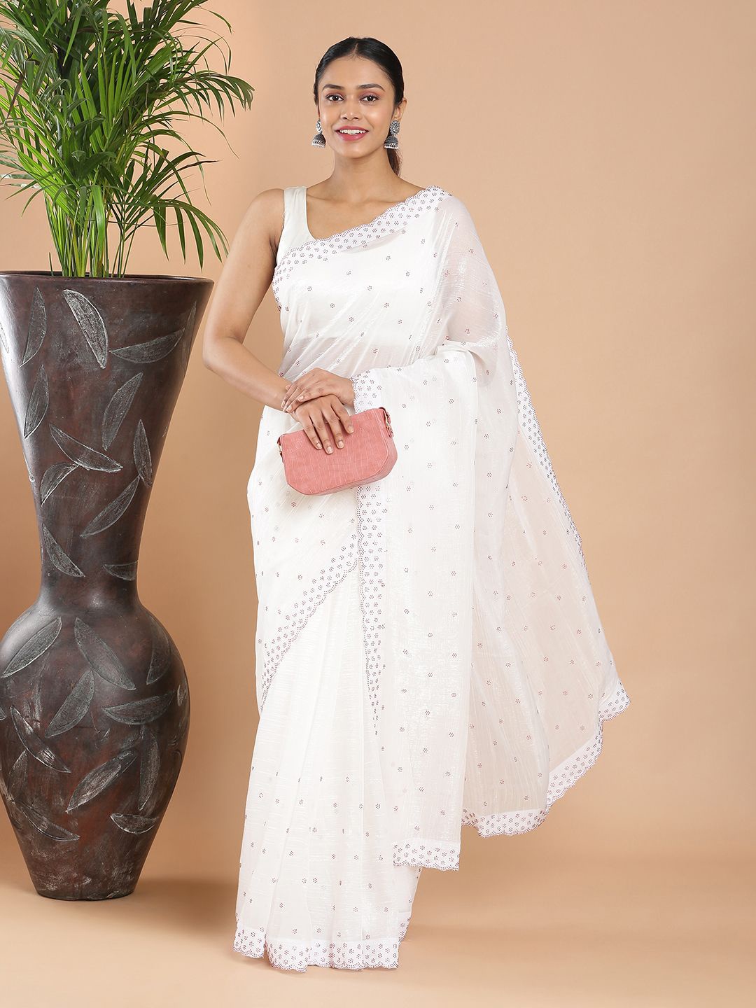 

Kalyan Silks Embellished Beads and Stones Organza Saree, Off white