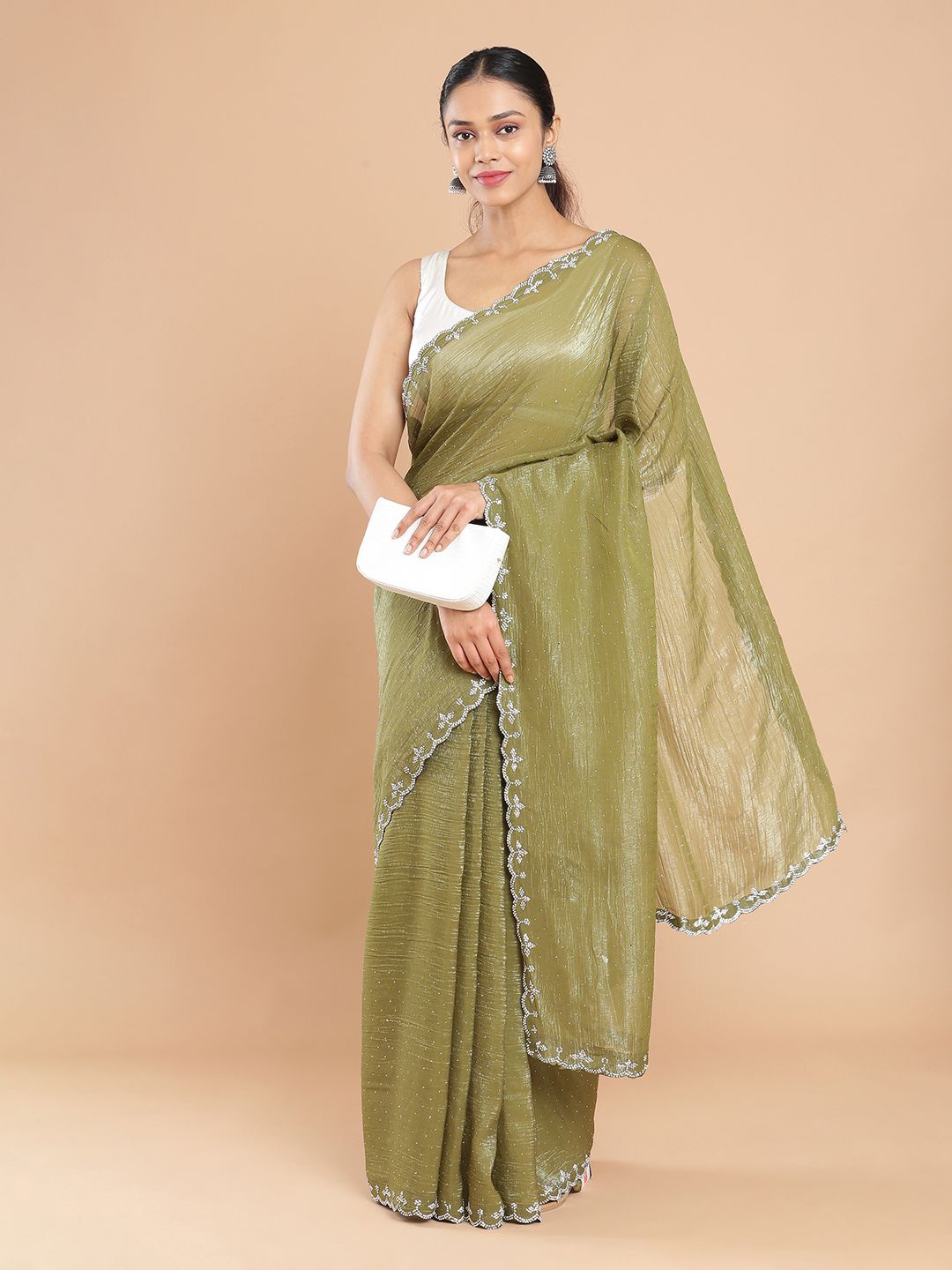 

Kalyan Silks Embellished Beads and Stones Organza Saree, Green