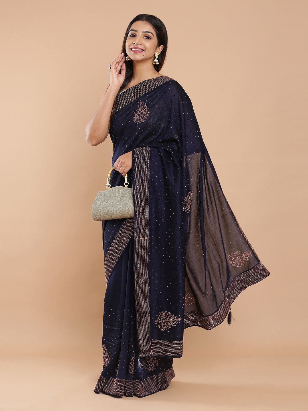 

Kalyan Silks Women Embellished Beads and Stones Saree, Navy blue