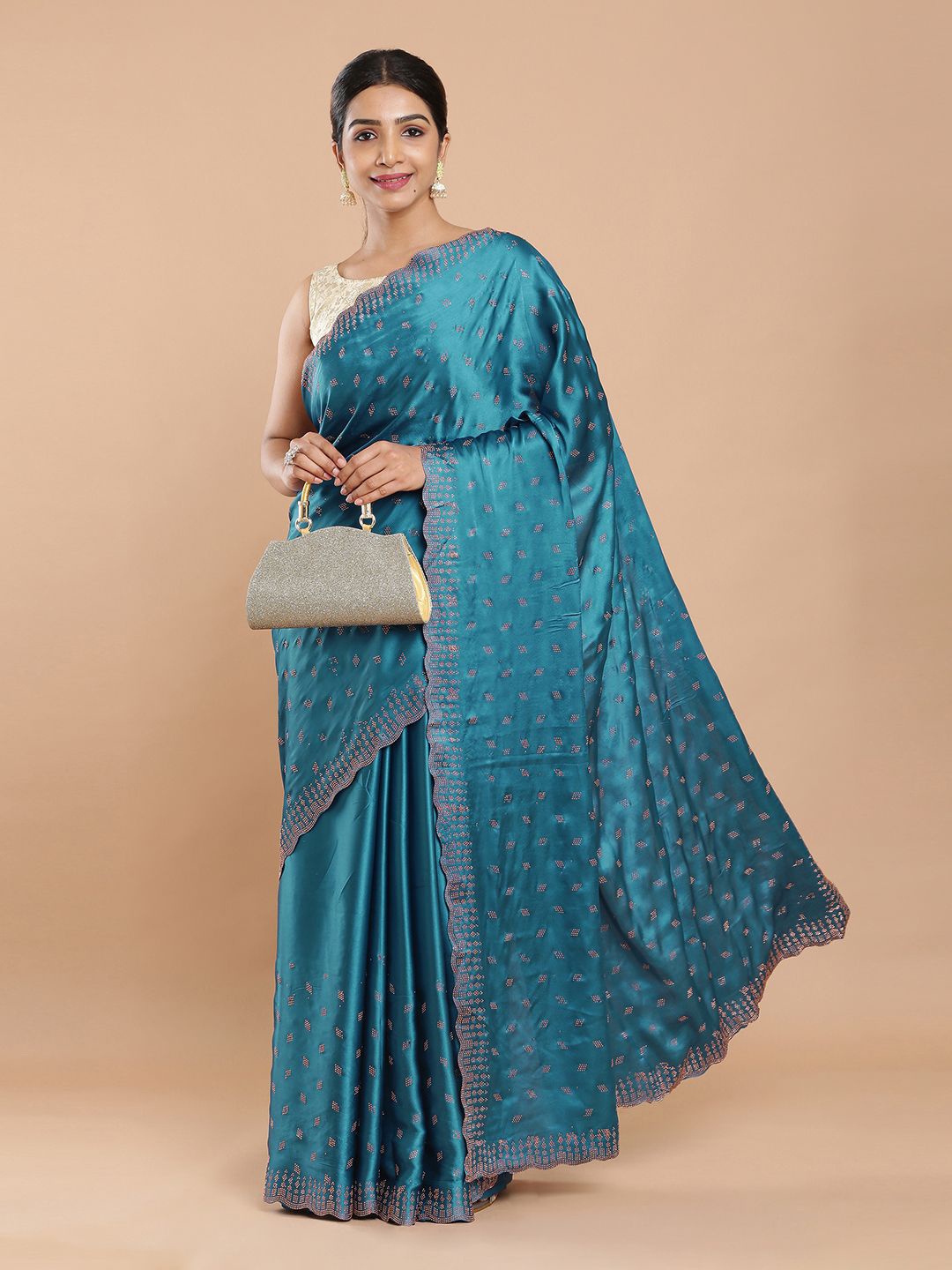 Kalyan Silks Embellished Beads and Stones Satin Saree, Teal