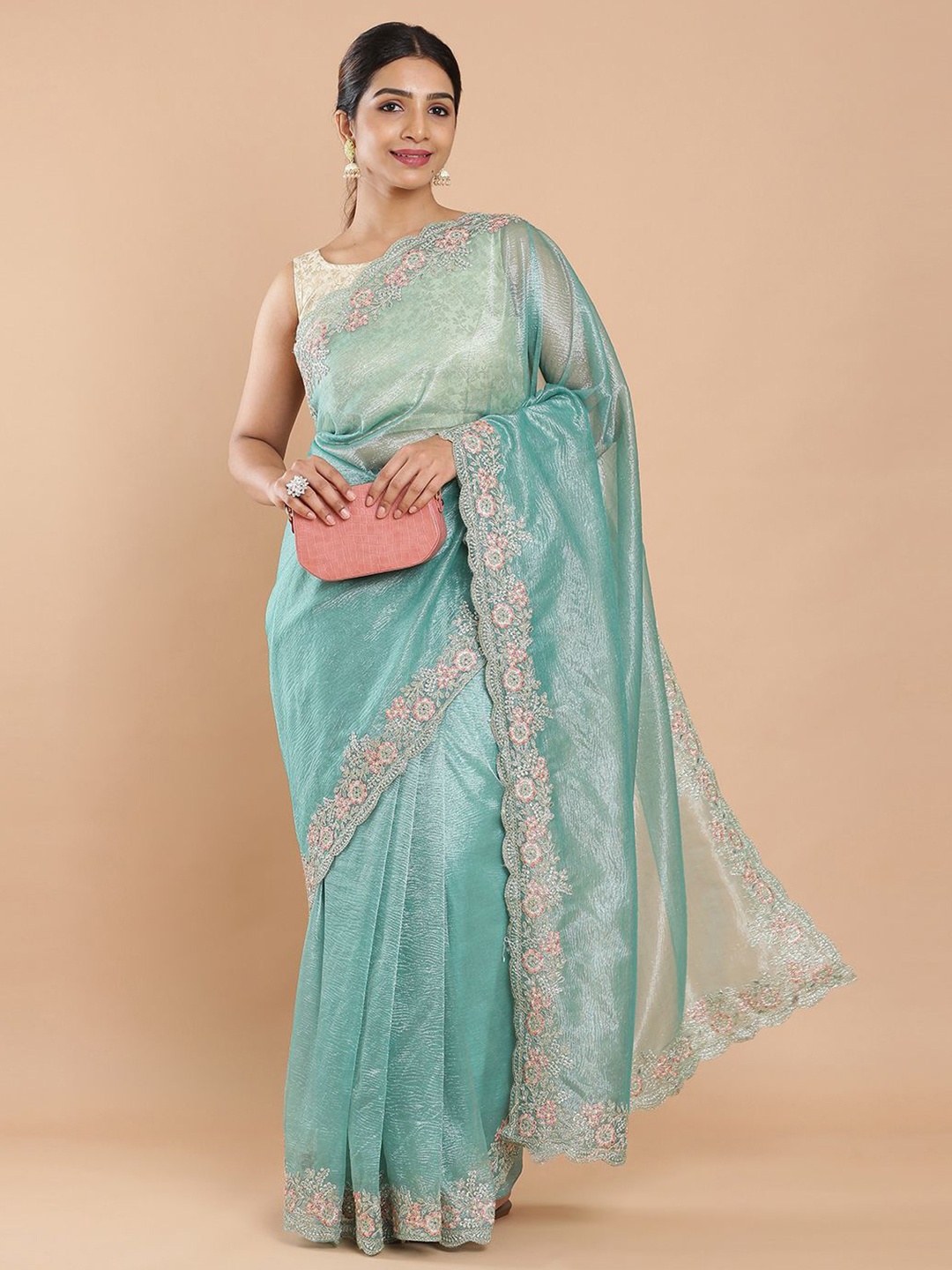 

Kalyan Silks Embroidered Organza Saree, Green