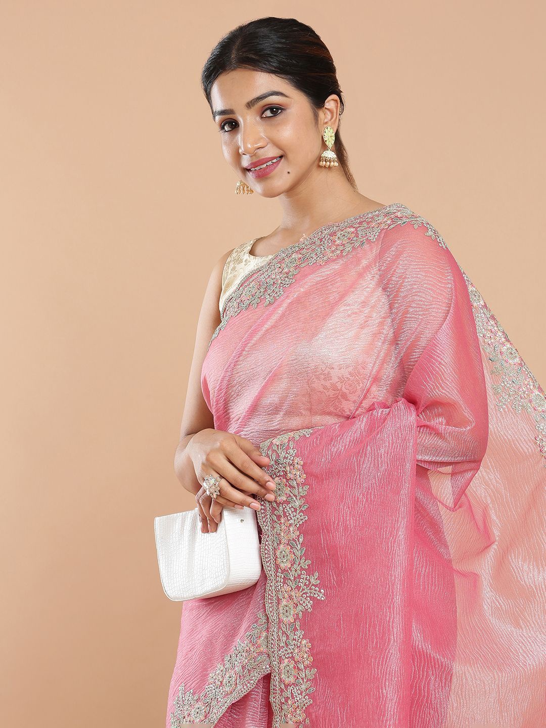 

Kalyan Silks Embroidered Organza Saree, Pink