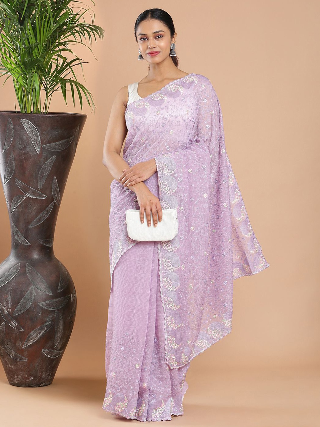 

Kalyan Silks Floral Embroidered Organza Saree, Lavender