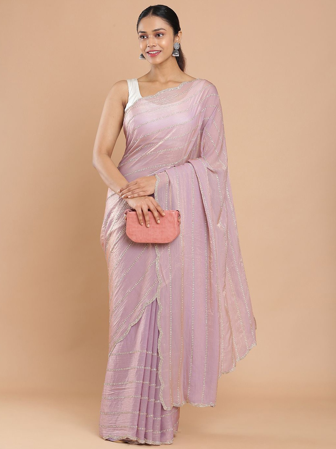 

Kalyan Silks Embellished Beads and Stones Organza Saree, Rose