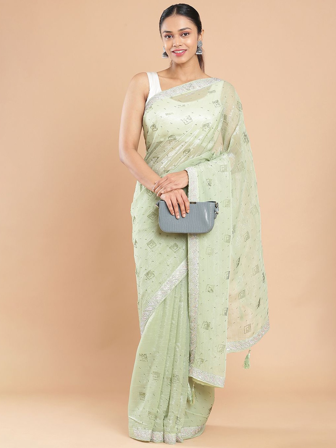 

Kalyan Silks Embellished Beads and Stones Organza Saree, Green