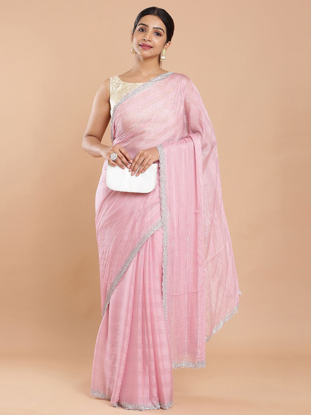 

Kalyan Silks Embellished Beads and Stones Poly Chiffon Saree, Pink