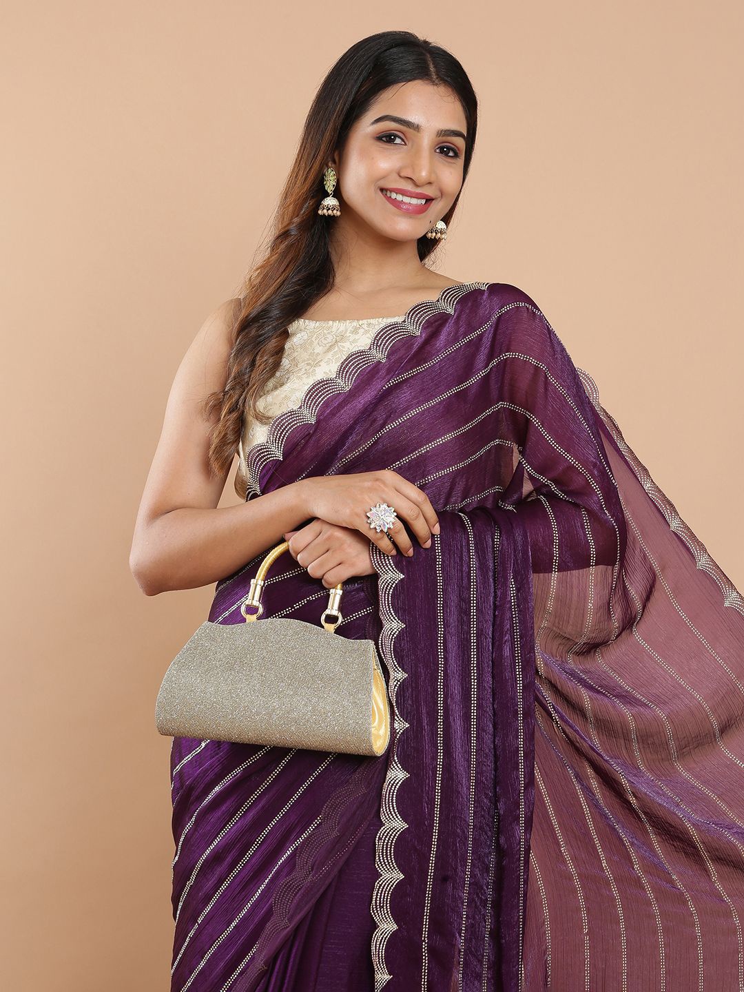 

Kalyan Silks Embellished Beads and Stones Organza Saree, Purple