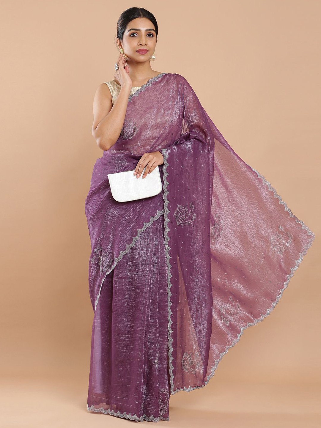

Kalyan Silks Embellished Beads and Stones Saree, Purple