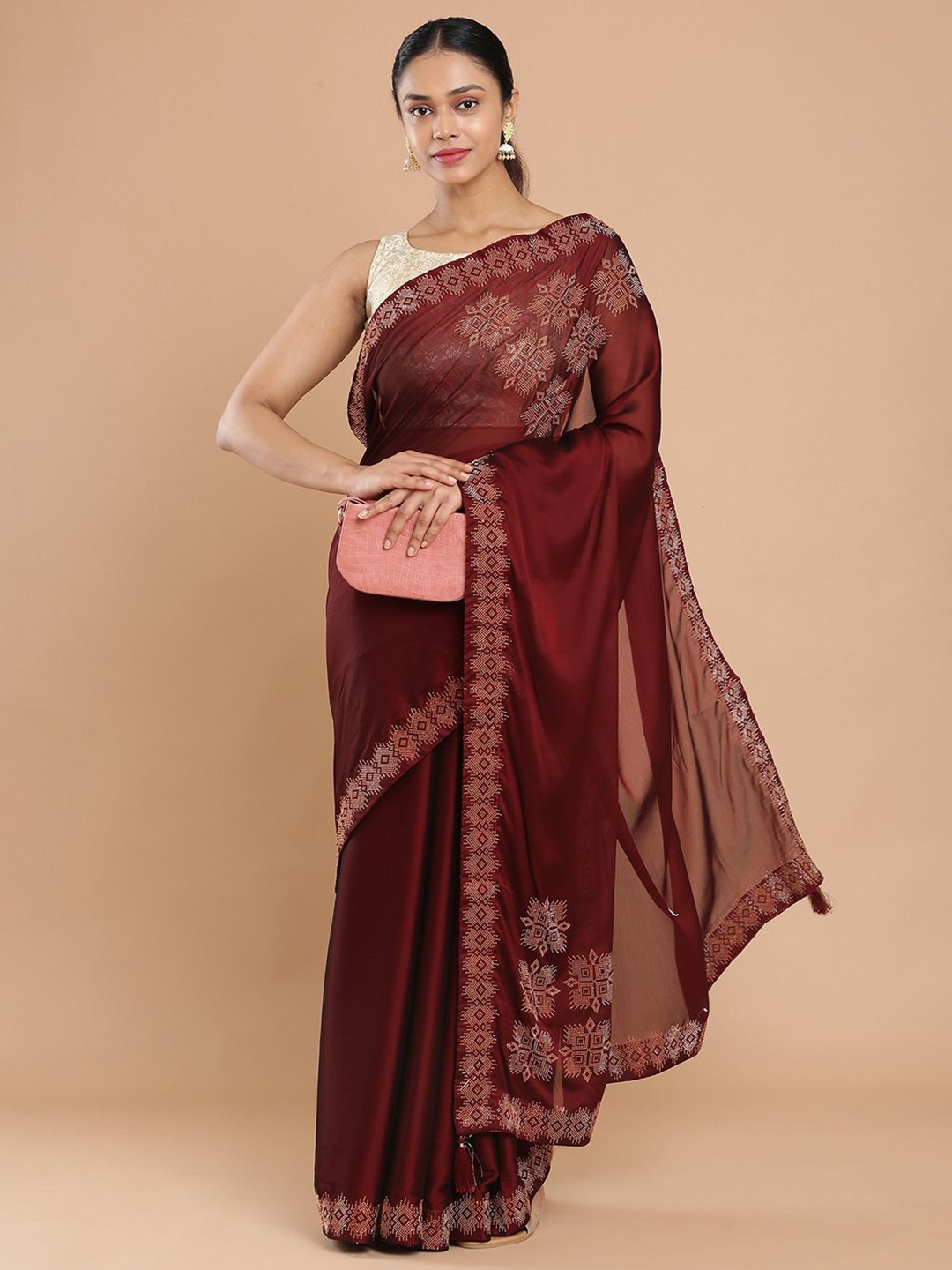 

Kalyan Silks Embellished Beads and Stones Saree With Blouse, Maroon