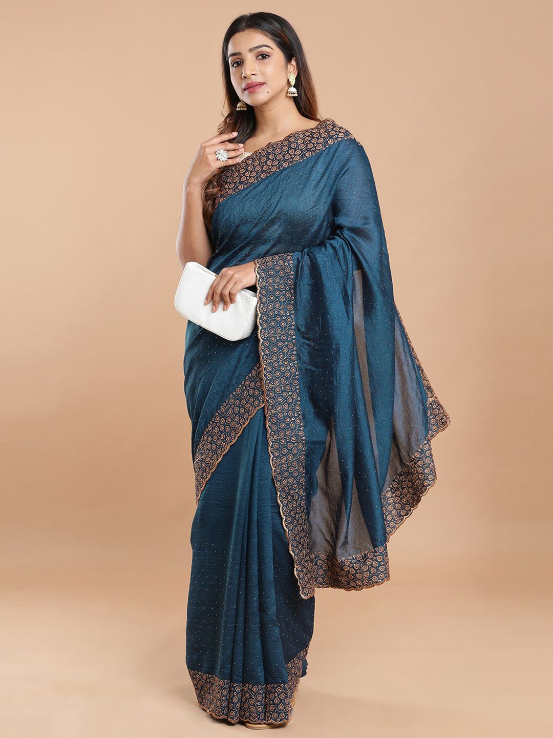 

Kalyan Silks Embellished Beads and Stones Saree, Teal