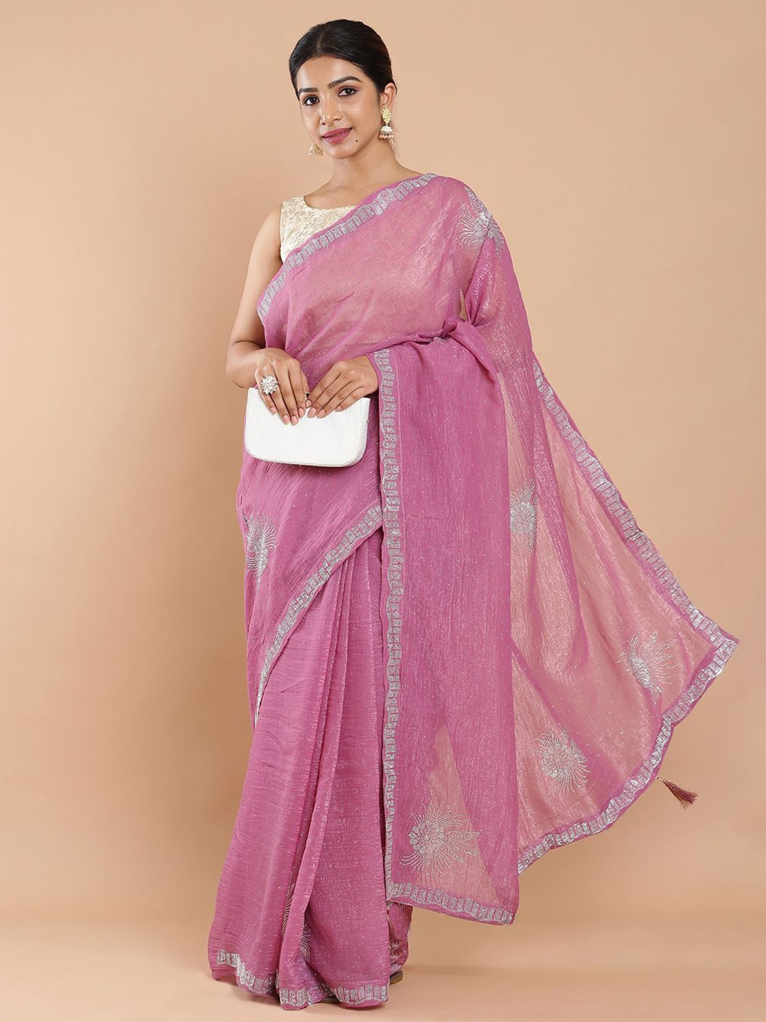 Kalyan Silks Women Embellished Beads and Stones Designer Saree, Pink