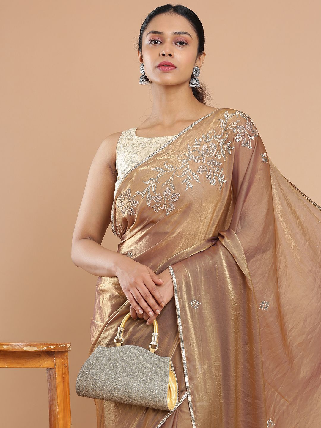 

Kalyan Silks Embellished Beads and Stones Saree, Gold