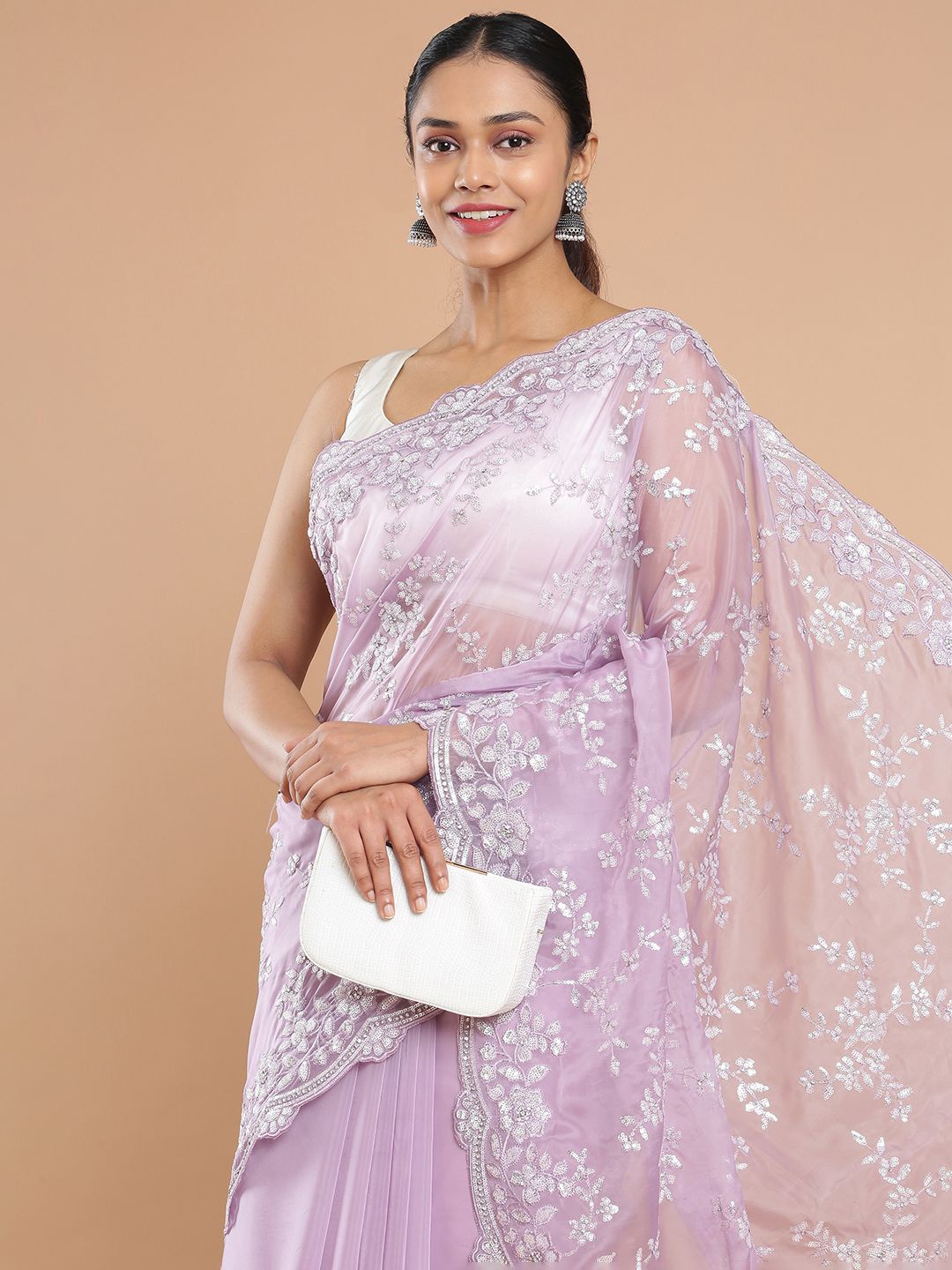 

Kalyan Silks Floral Embroidered Organza Saree, Lavender