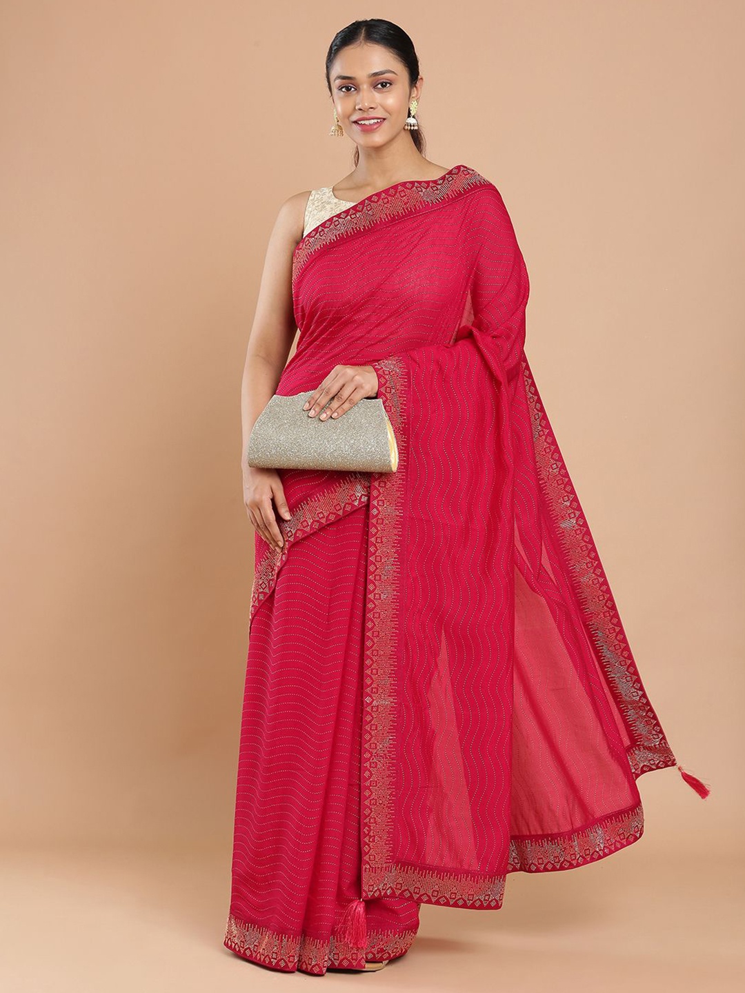

Kalyan Silks Embellished Beads and Stones Saree, Pink