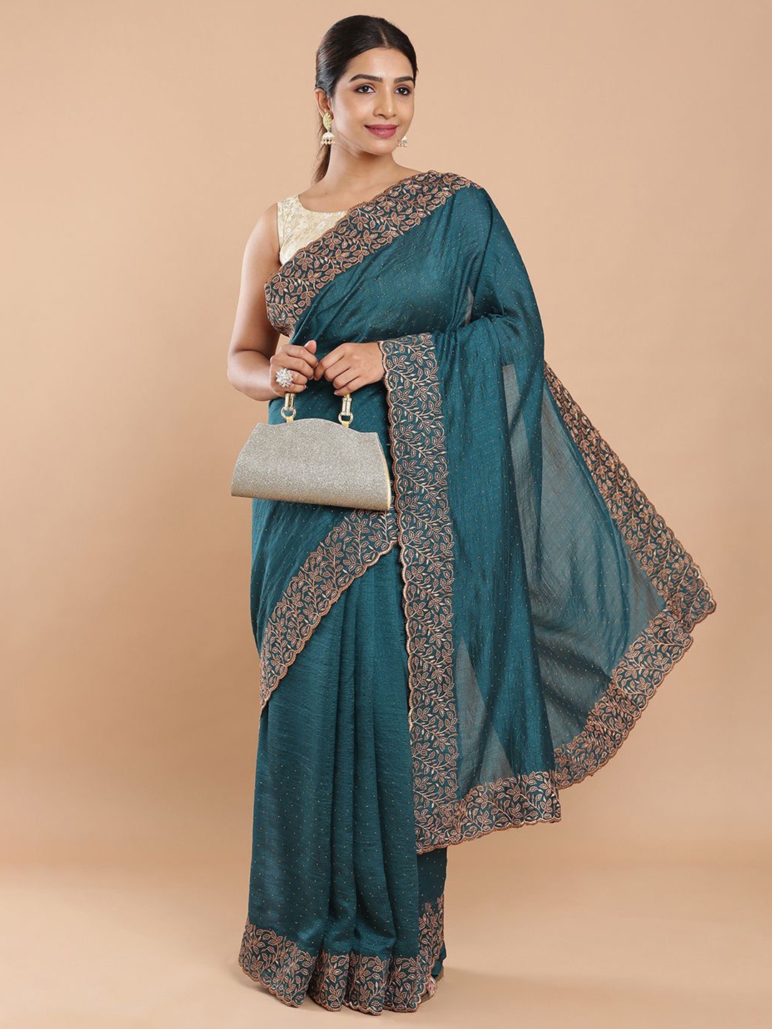 

Kalyan Silks Embroidered Embellished Beads and Stones Saree, Blue