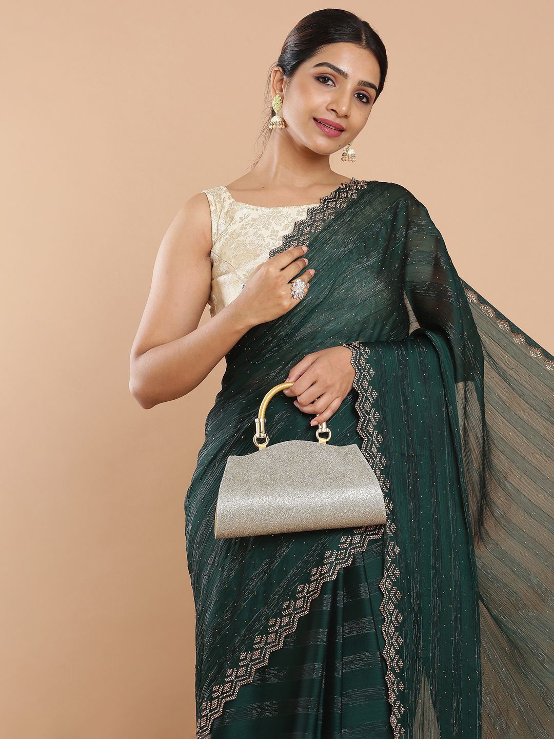 

Kalyan Silks Embellished Beads and Stones Saree, Green