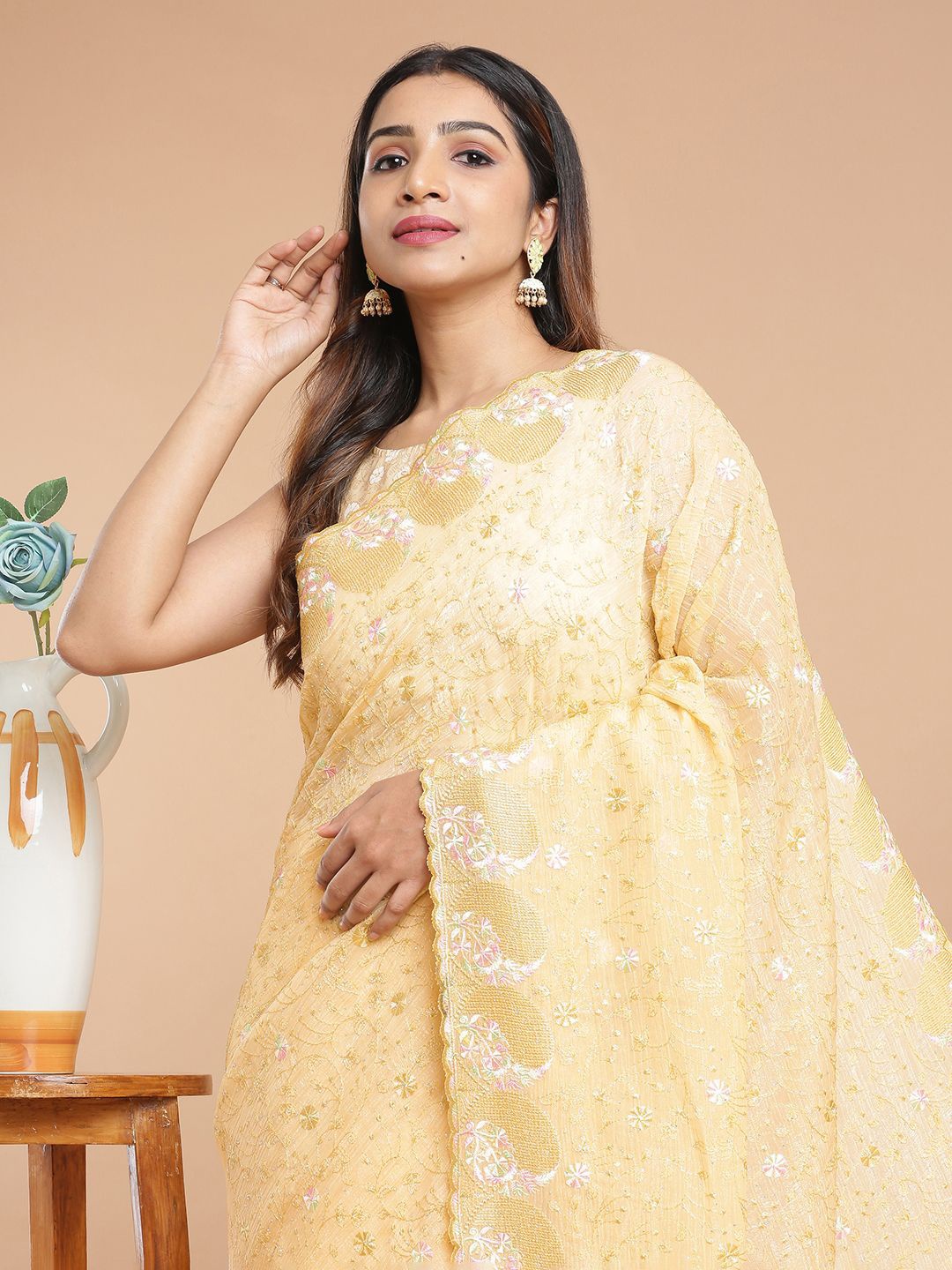 

Kalyan Silks Embellished Embroidered Saree, Cream