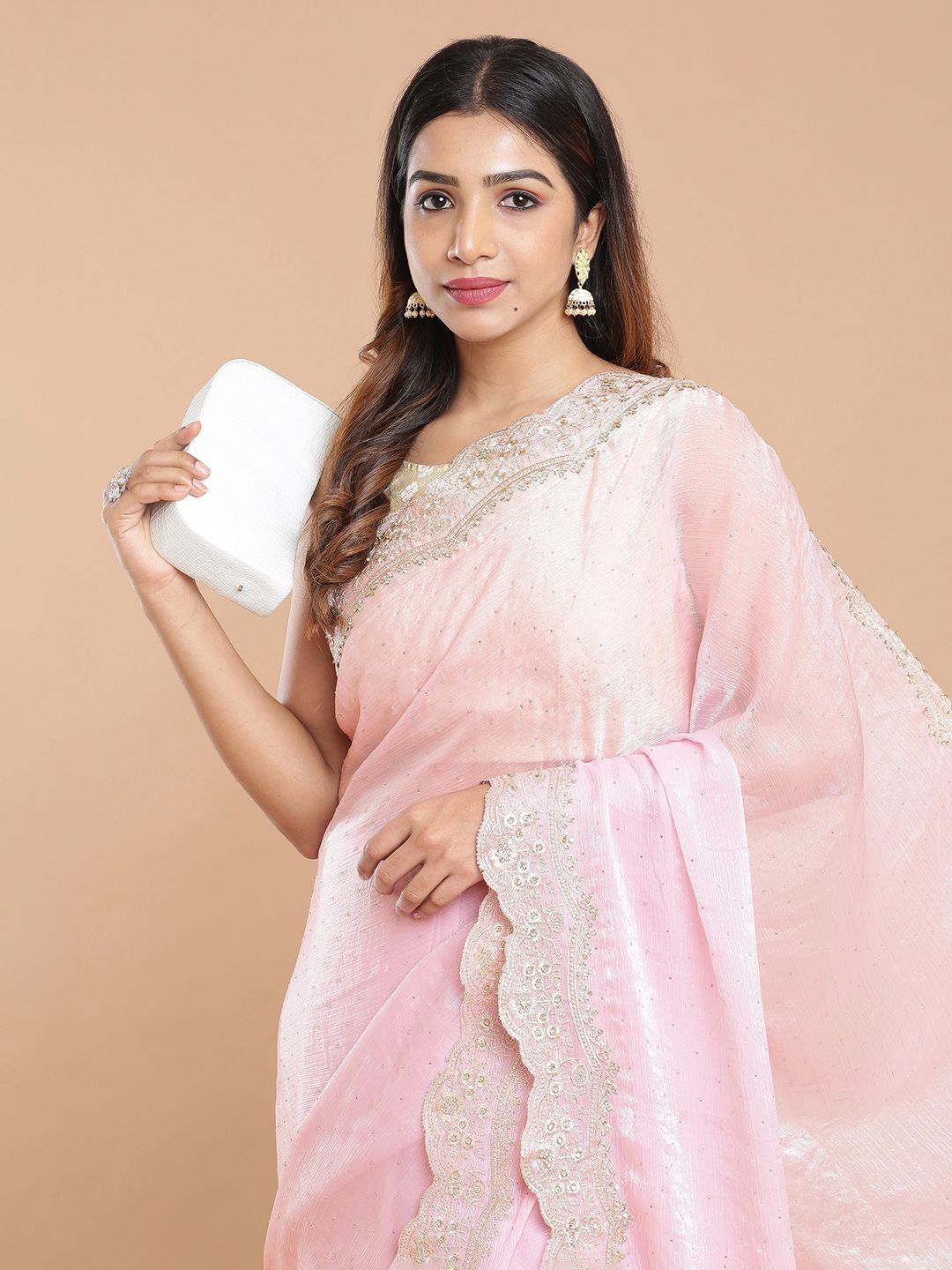 

Kalyan Silks Embellished Beads and Stones Organza Saree, Pink