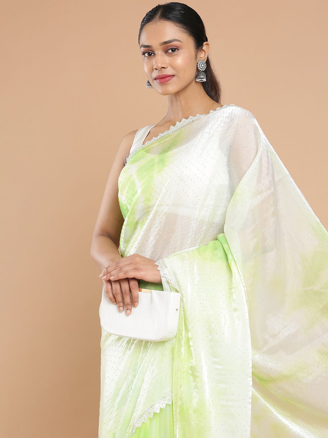

Kalyan Silks Embellished Beads and Stones Organza Saree, Lime green