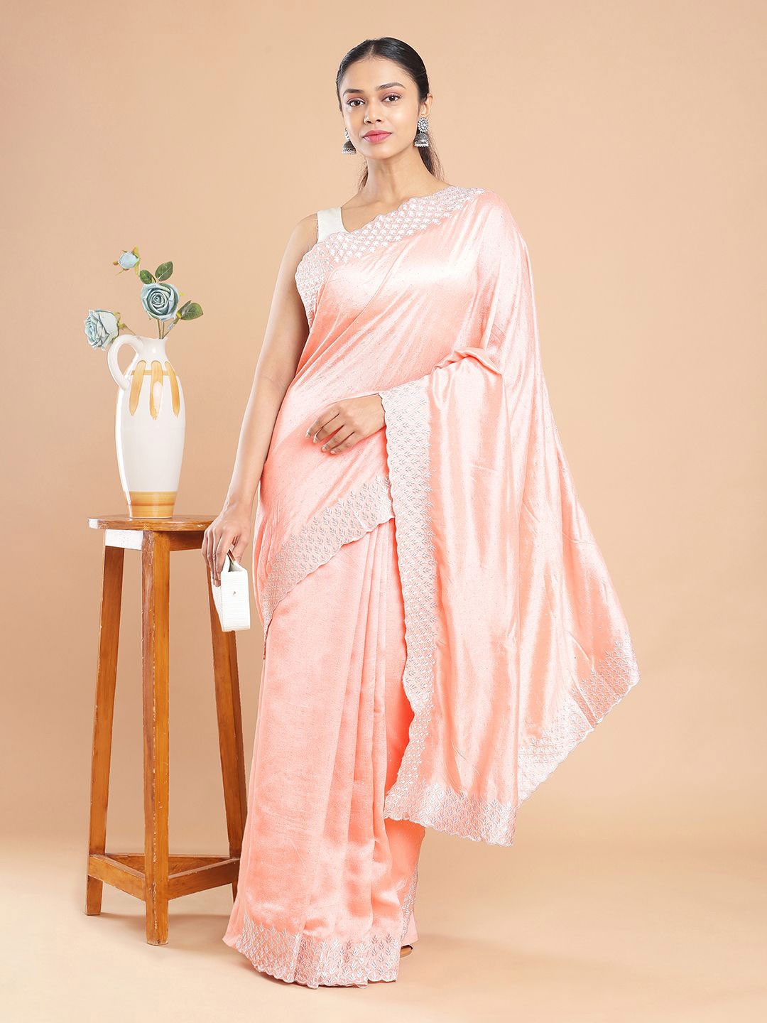 

Kalyan Silks Embellished Beads and Stones Designer Saree Party Wear Saree, Peach