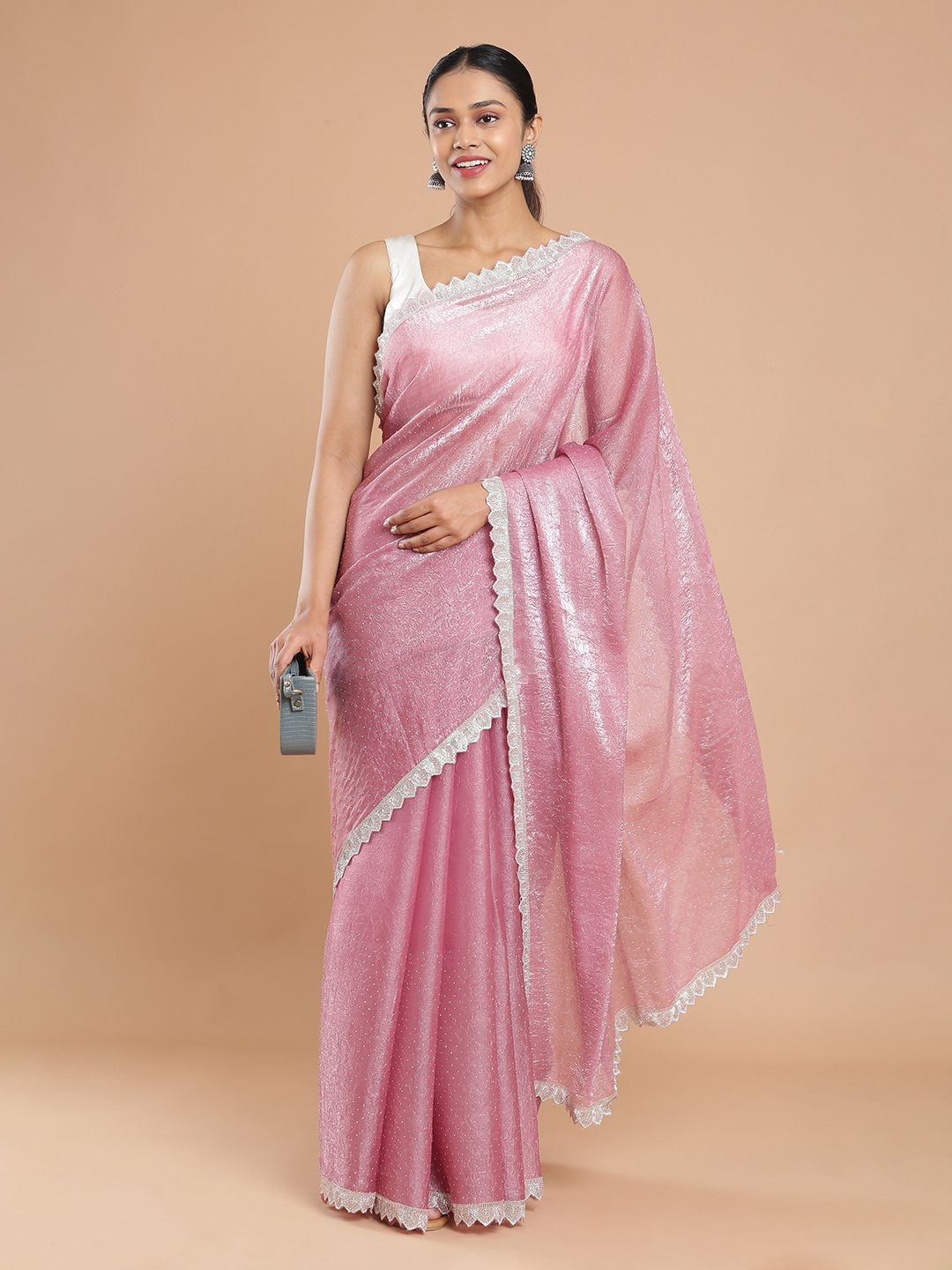

Kalyan Silks Embellished Beads and Stones Organza Saree, Pink