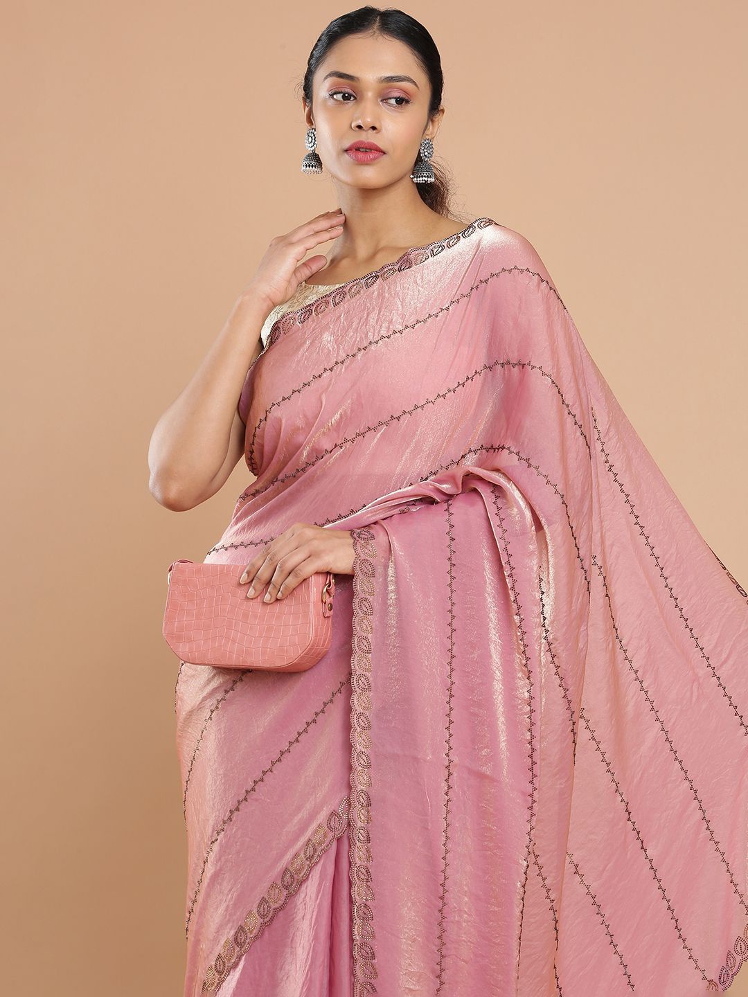

Kalyan Silks Women Embellished Beads and Stones Organza Saree, Pink