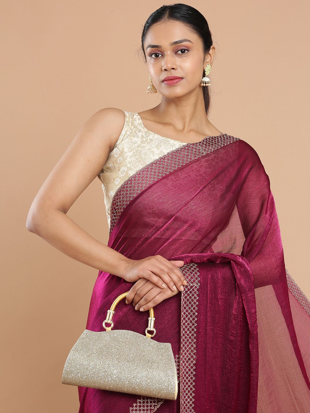 

Kalyan Silks Beads and Stones Organza Saree, Pink