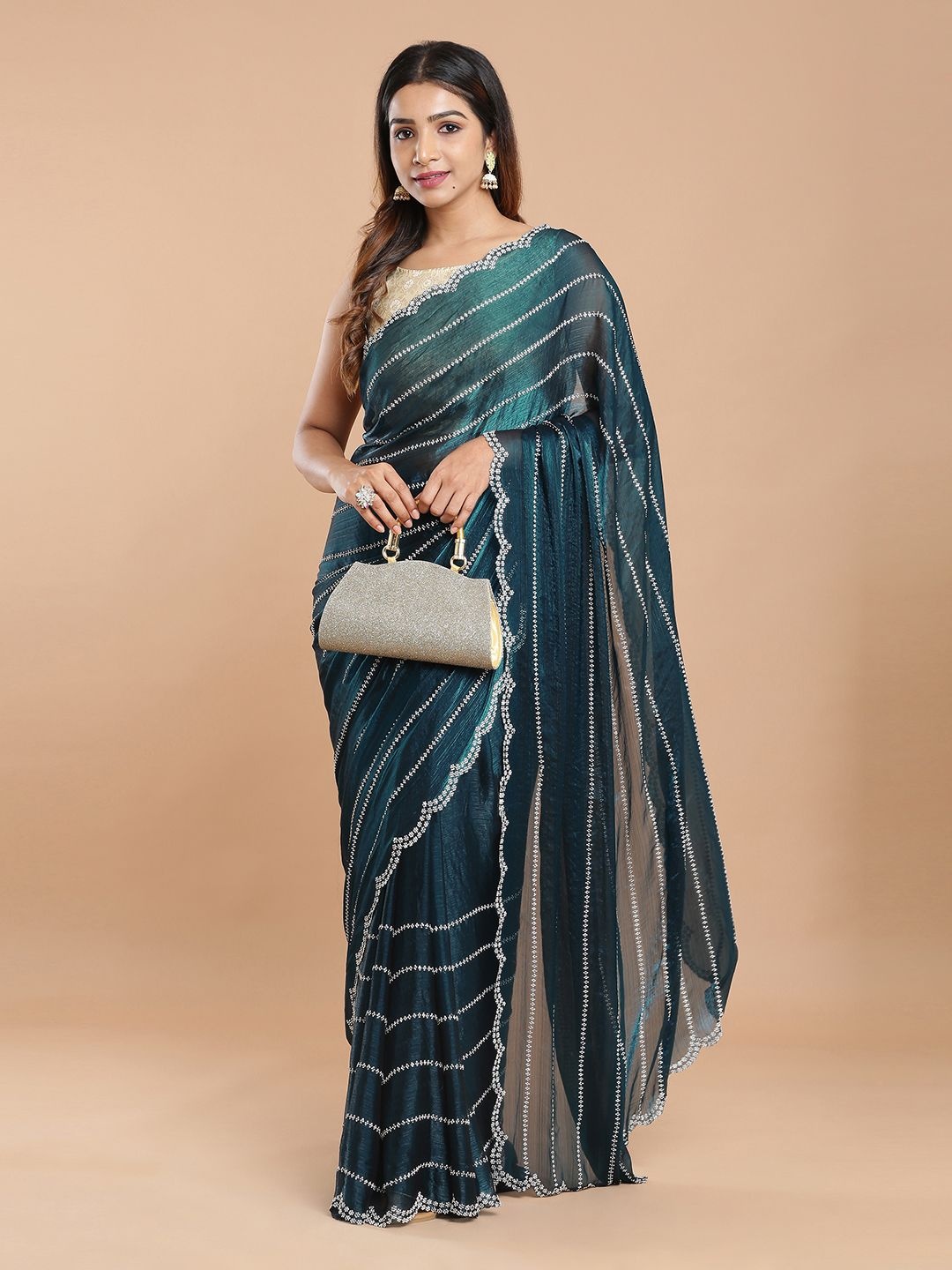 

Kalyan Silks Embellished Beads and Stones Saree, Blue