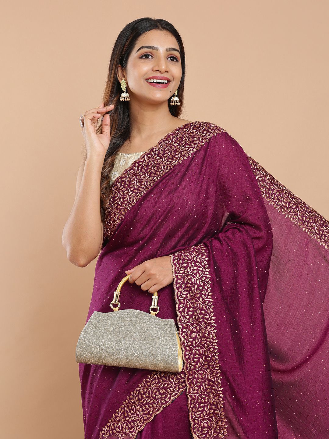 

Kalyan Silks Embellished Beads and Stones Saree, Burgundy