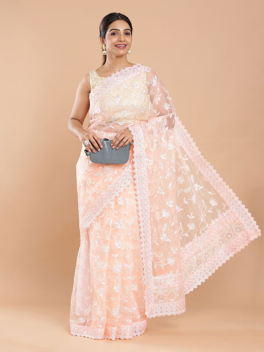 

Kalyan Silks Embroidered Beads and Stones Net Saree, Peach