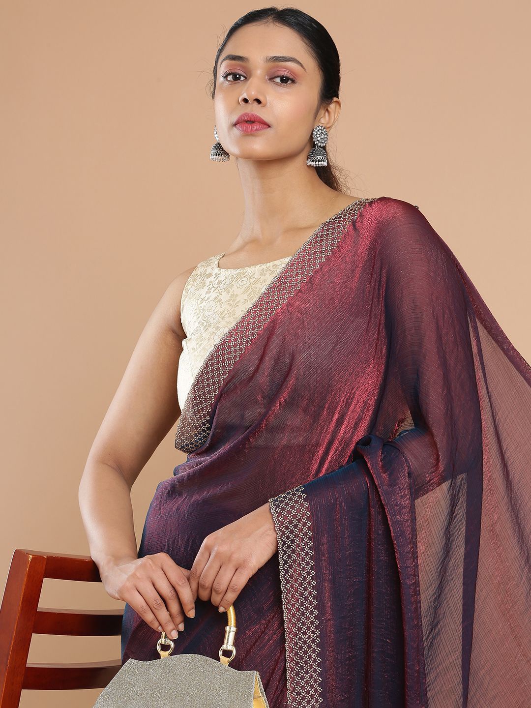 

Kalyan Silks Embellished Organza Saree With Stone Worked Border, Maroon