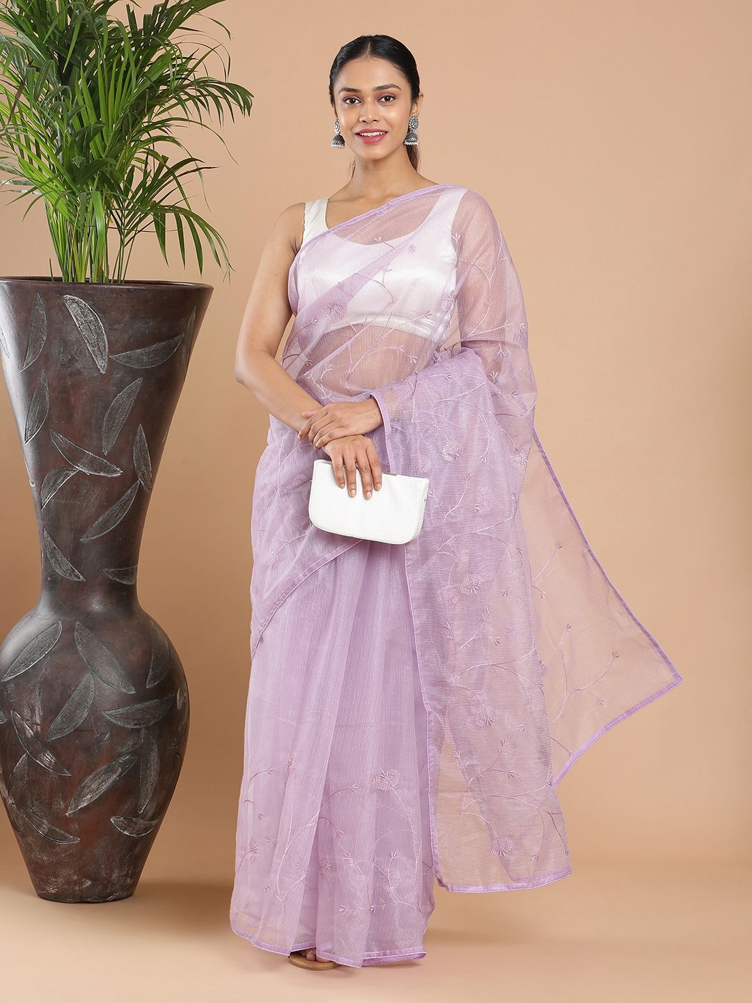 

Kalyan Silks Floral Embroidered Saree, Lavender