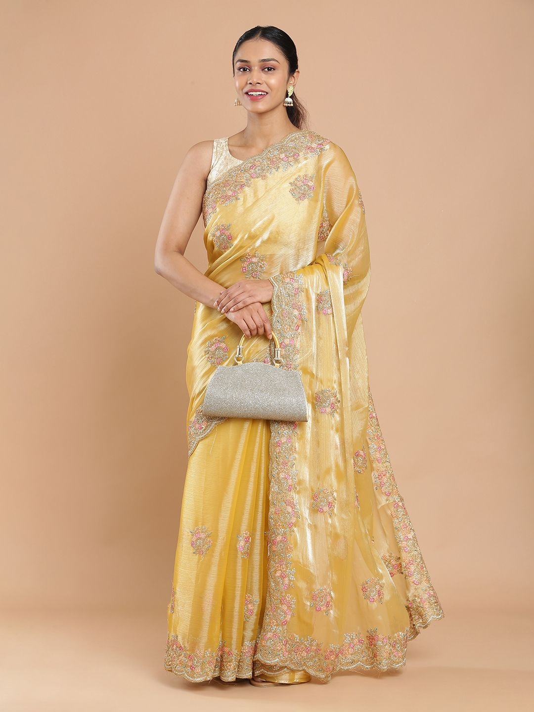 

Kalyan Silks Floral Embroidered Organza Saree, Gold