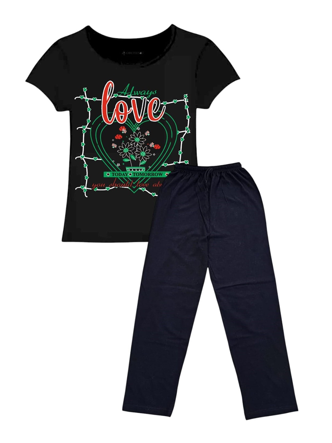 

CoolTees4U Girls Printed Pure Cotton T-shirt With Trouser, Black
