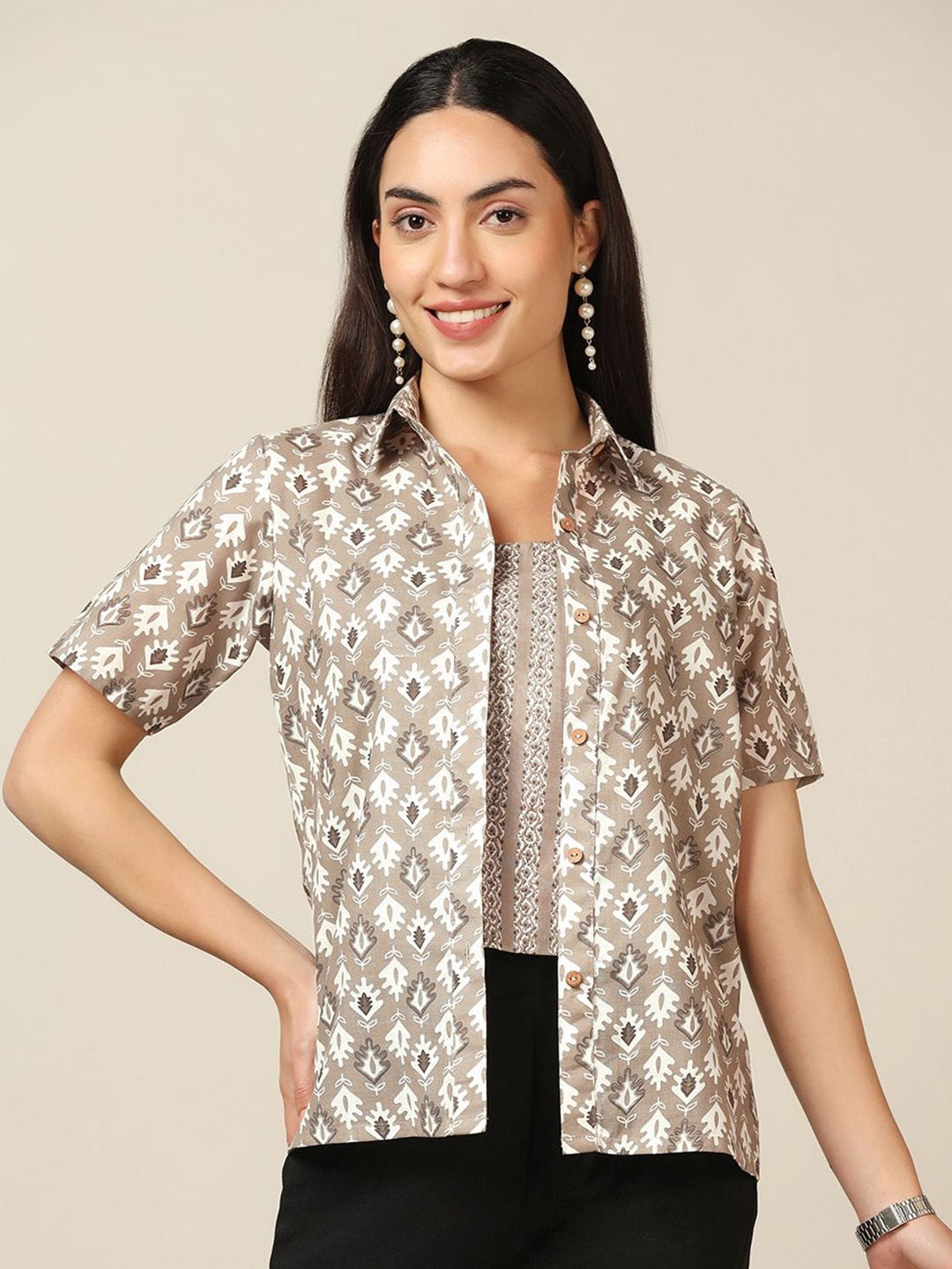 

Moda Rapido Women Floral Printed Cotton Casual Shirt, Grey