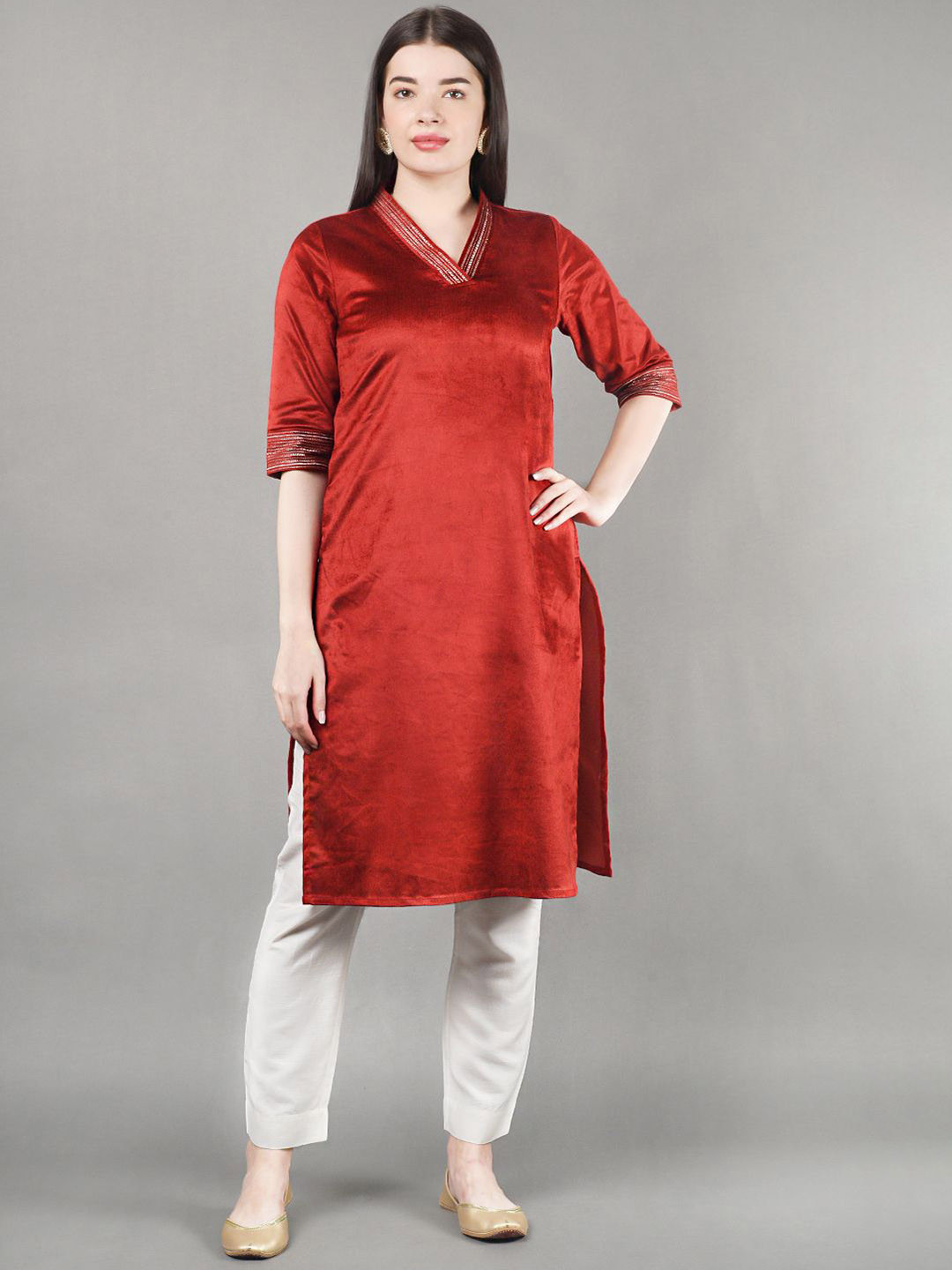 

BARARA ETHNIC Thread Work V-Neck Velvet Straight Kurta, Red