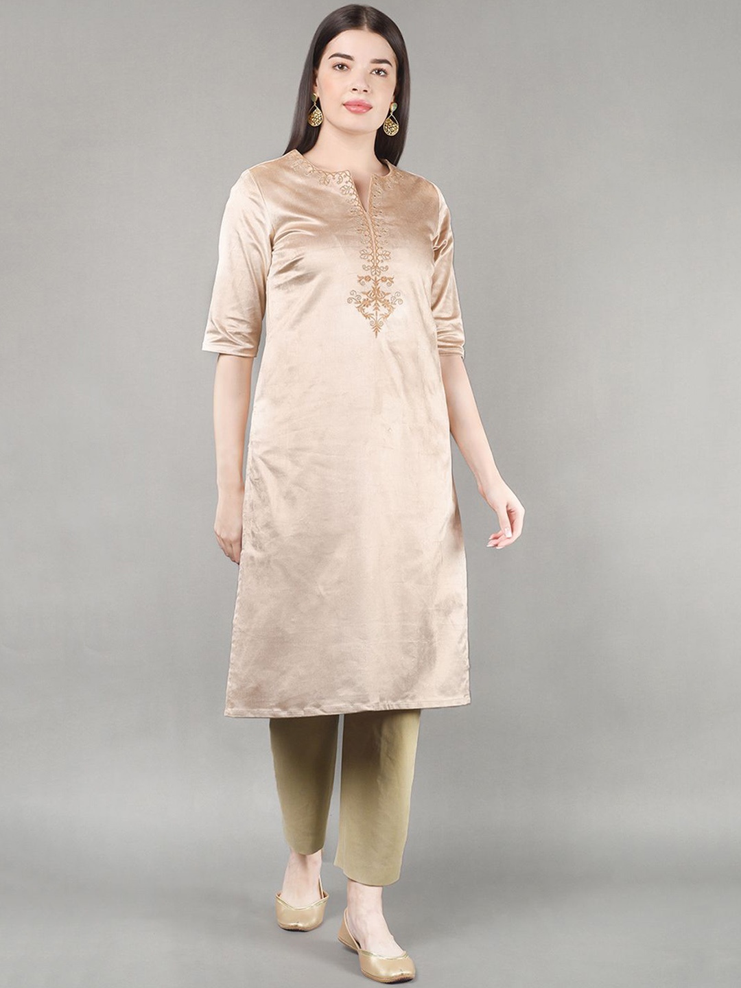 

BARARA ETHNIC Floral Embroidered Thread Work Notch Neck Velvet Straight Kurta, Beige