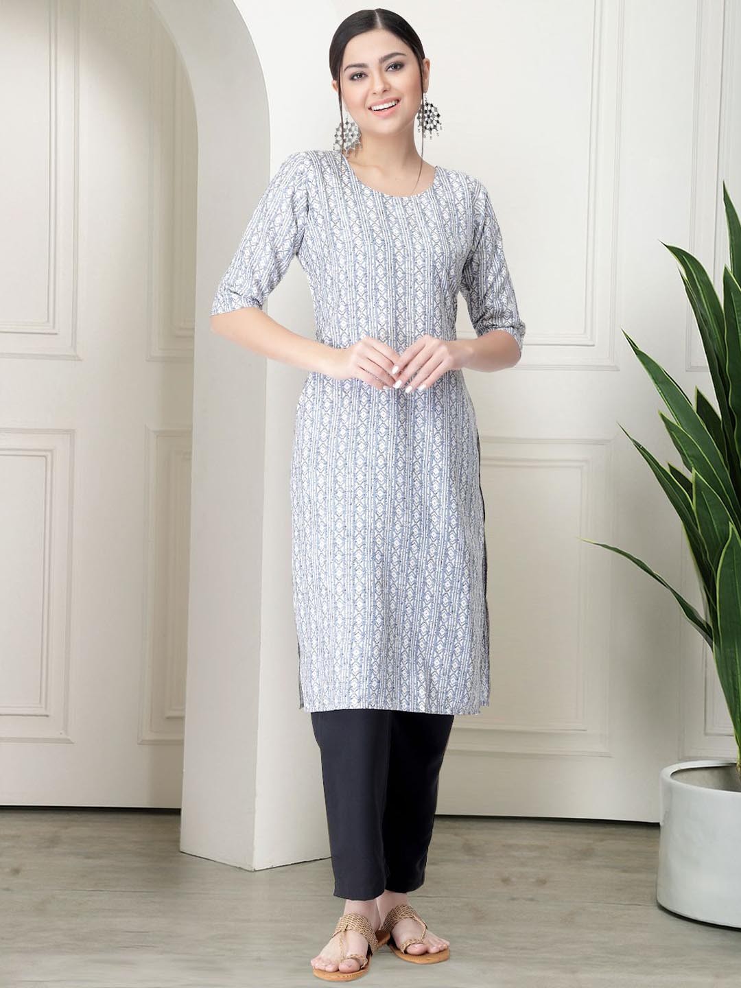 

7Threads Geometric Printed Round Neck Kurta With Trousers, White