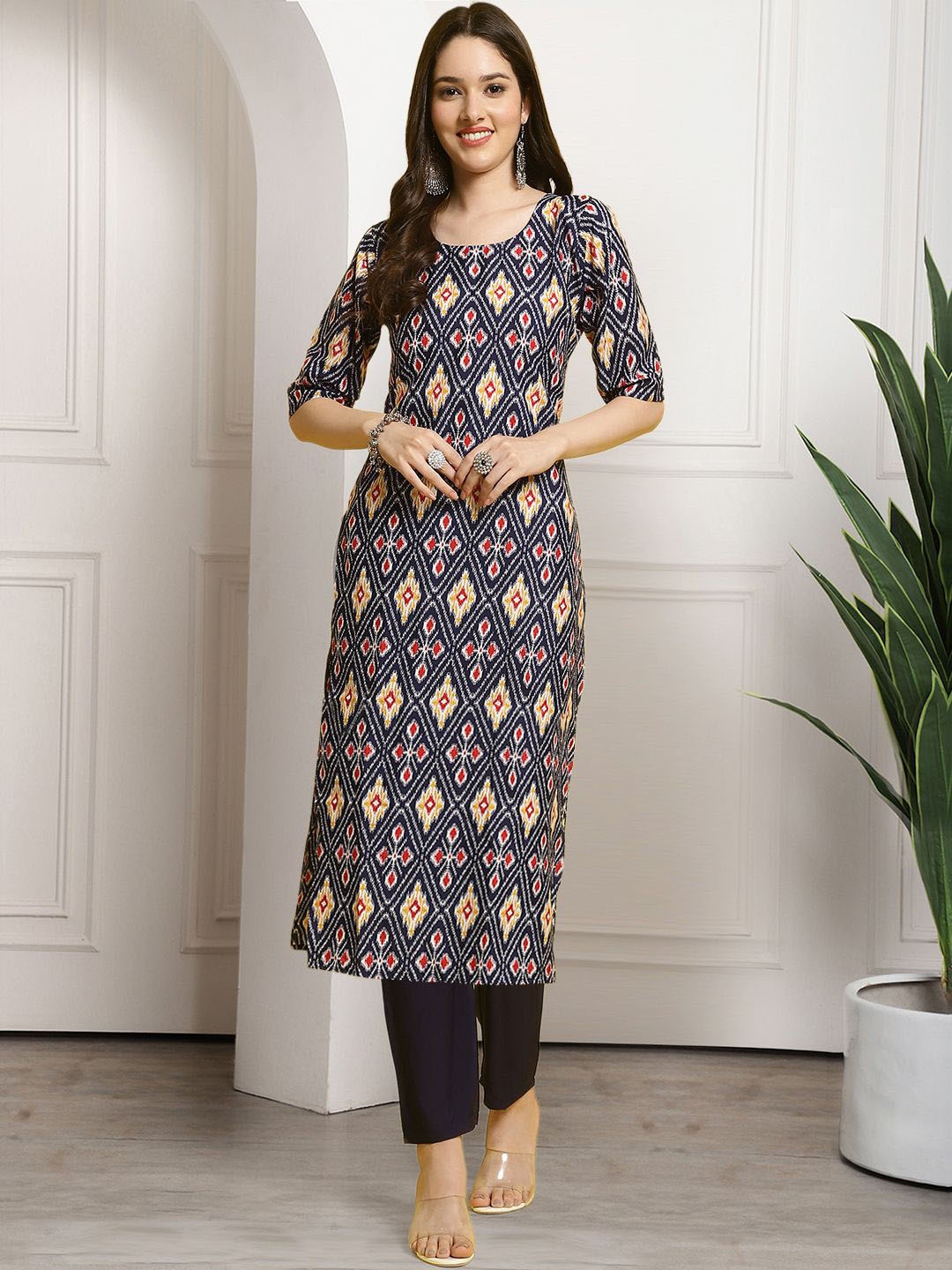 

7Threads Geometric Printed Round Neck Kurta With Trousers, Navy blue