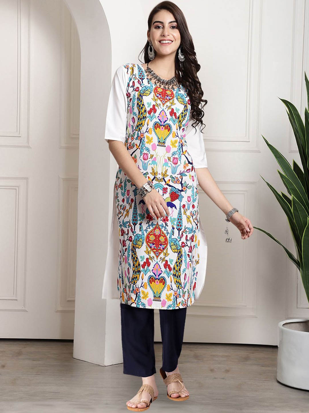 

7Threads Ethnic Motifs Printed Round Neck Kurta With Trousers, White